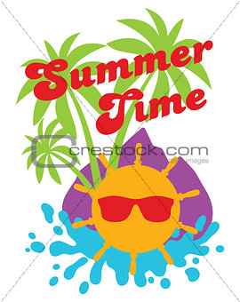 Colored vector illustration with sun, sunglasses, palms, surf