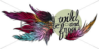 vector illustration of hand drawn colorful feathers with quote be wild and free on a blue grey circle