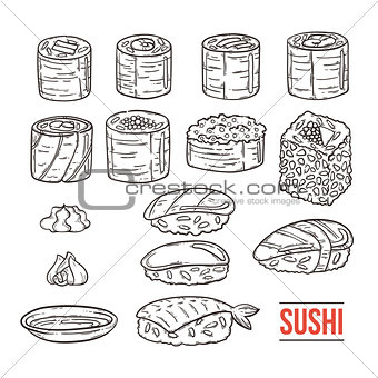 Doodle japanese sushi and rolls collection. Traditional fresh seafood. Asia cuisine delicious. Rice with salmon, eel, alga.
