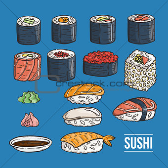 Doodle japanese sushi and rolls collection. Traditional fresh seafood. Asia cuisine delicious. Rice with salmon, eel, alga.