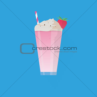 A glass of strawberry milkshake, with berry and straw. Modern flat style