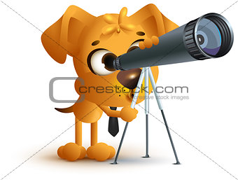 Yellow fun dog teacher looking through telescope. Astronomy lesson