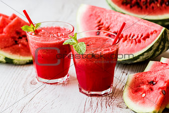 healthy drinks. watermelon smoothie on white wooden background