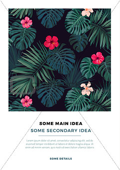 Tropical summer vector postcard design with bright hibiscus flowers and exotic palm leaves on dark background.