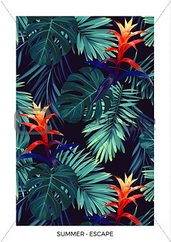 Floral vertical postcard design with guzmania flowers, monstera and royal palm leaves. Exotic hawaiian background.