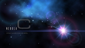 Vector space background with dark blue nebula and bright stars. Fantasy scientific astronomical illustration.