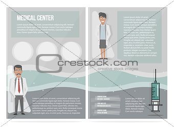 Medical Brochure Design Template. The characters of doctors woman and man. Cartoon flat modern style.