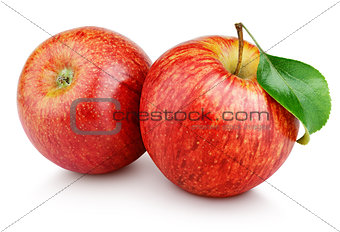Red apples with leaf isolated on white