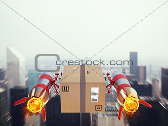 Fast delivery of package by turbo rocket. 3D Rendering