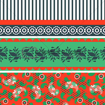 Folk floral red and green seamless vector pattern.