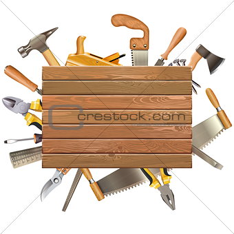 Vector Wooden Board with Hand Tools