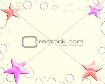 four starfish with bubbles in the corners of the picture on a yellow background