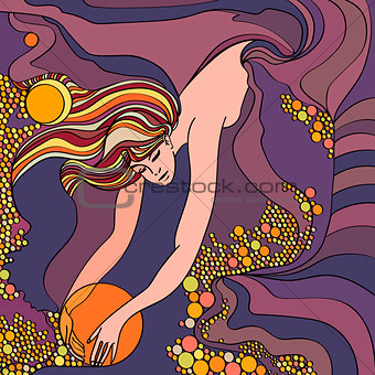 Decorative background. Girl bathing in the sea. Vector illustration