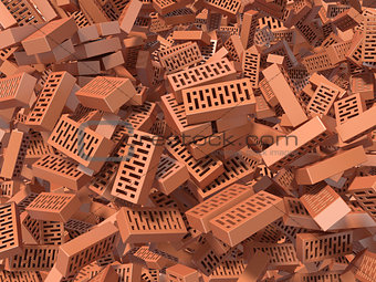 Heap of falling, flying, scattered bricks background. 3D