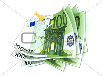 Pinned one hundred euros bills on white background. 3D