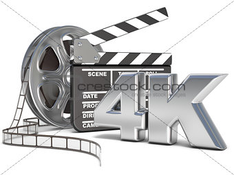 Film reels and movie clapper board. 4K video icon. 3D