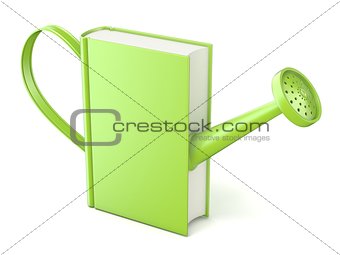 Green watering can book. Concept of education and knowledge. 3D
