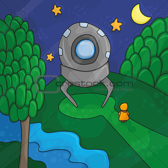 illustration about night landscape, ufo elements