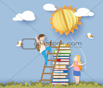 Back to school card with kids, books and sun