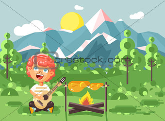 Vector illustration cartoon character child boy scout frying meat on open fire and sing songs, play guitar on nature, survival rules, adventure park outdoor background of mountains flat style