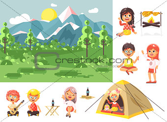 Vector illustration isolated cartoon characters children boy sings playing guitar, girl scouts siting in tent waving hand nature park outdoor bonfire, fried chicken, white background flat style