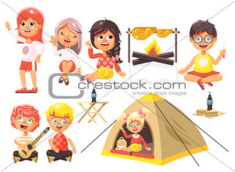 Vector illustration isolated cartoon characters children boy sings playing guitar, girl scouts in tent waving hand sits with fork and knife near fire, fried chicken, white background flat style