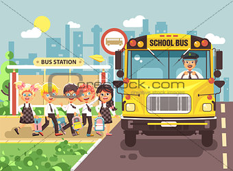 Vector illustration back to school cartoon characters schoolboy schoolgirls pupils apprentices cute cheerful children at bus stop go board school bus with driver on city background in flat style