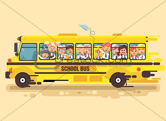 Vector illustration back to school cartoon characters schoolboy schoolgirls, pupils apprentices children riding school bus for tour training excursion travel journey yellow background flat style