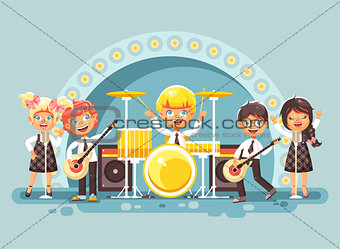 Vector illustration children music band musical group characters schoolboy schoolgirl pupils apprentices play guitars drums sing solo microphone back vocals rock concert on stage in flat style