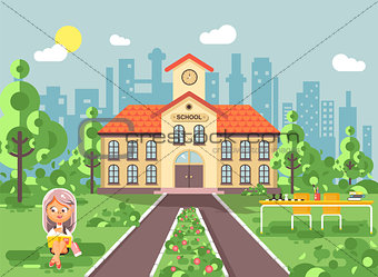 Vector illustration child character schoolgirl pupil apprentice sitting on grass near trees bushes exterior schoolyard read book doing homework school building gymnasium background in flat style