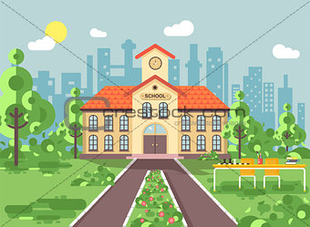 Vector illustration back to school architecture two-story building with porch, clock on tower, trees bushes exterior schoolyard table for chess background in flat style video design element