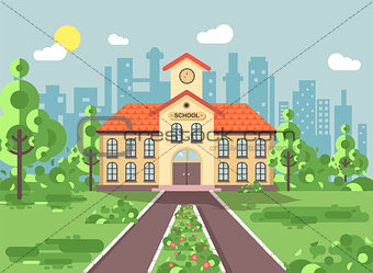 Vector illustration back to school architecture two-story building with porch, clock on tower, trees bushes exterior schoolyard behind structure background in flat style for video design element