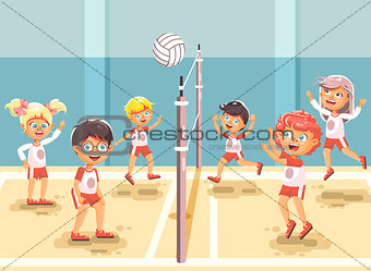 Vector illustration back to sport school children character schoolgirl schoolboy pupil classmates team game playing volleyball ball physical education class gymnasium gym background flat style