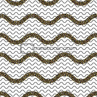 Zigzag wave lines with gold glitter seamless vector pattern.
