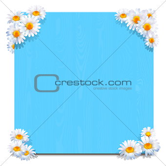 Vector Blue Wooden Board with Camomiles