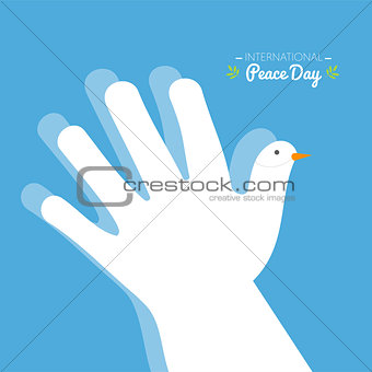 International peace day with hand making the shape of a dove on a blue sky background