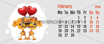 2018 year of yellow dog on Chinese calendar. Dog couple love. Calendar grid month February