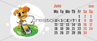 2018 year of yellow dog on Chinese calendar. Fun dog lawn mower. Calendar grid month June