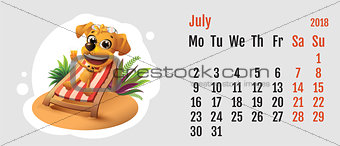 2018 year of yellow dog on Chinese calendar. Fun dog lies in deck chair. Calendar grid month July
