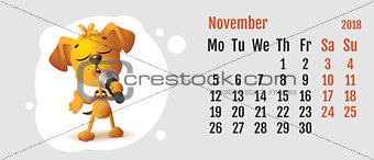 2018 year of yellow dog on Chinese calendar. Fun dog sings. Calendar grid month November
