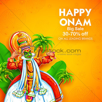 Kathakali dancer on advertisement and promotion background for Happy Onam festival of South India Kerala