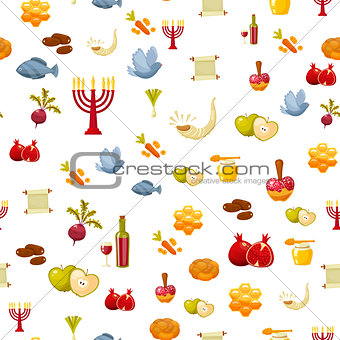 Rosh Hashanah, Shana Tova or Jewish New year seamless pattern, with honey, apple, fish, bottle, torah ,lettuce, date, beet and other traditional items. Cartoon flat vector illustration