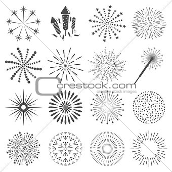 Firework icon set with petard, stars. Festival and event