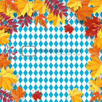 Autumn leaves on a background pattern of blue diamonds. Traditional fall Oktoberfest background. National German autumn beer festival design.Cartoon style vector illustration