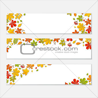 Horizontal Banner set with Autumn falling leaf on white background.
