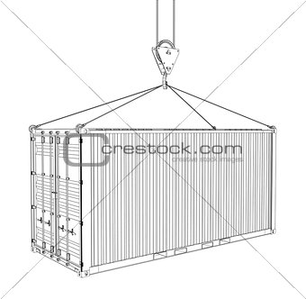 Cargo container hanging on hook of crane