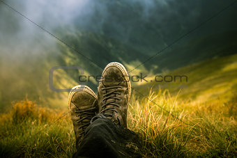 Portrait of a shepherd dog in a Carpathian landscapeA traveller resting in a mountain landscape in Carpathian mountains, Romania
