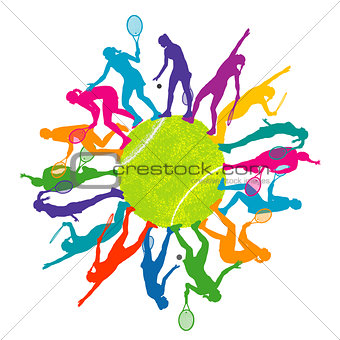Colorful tennis concept with woman silhouettes playing tennis