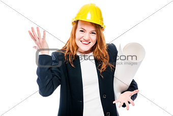 horizontal portrait of a senior architect woman with blue helmet