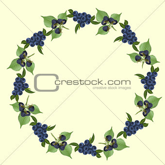 frame of blueberries and blackberry with green leaves